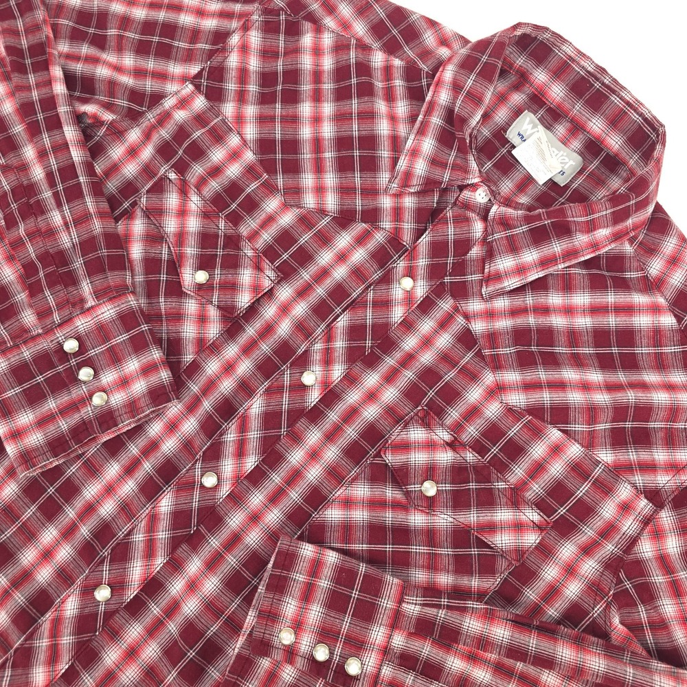 Wrangler Wrancher Pearl Snap Shirt‎ Men's Large Red Plaid Western Ranch Cowboy